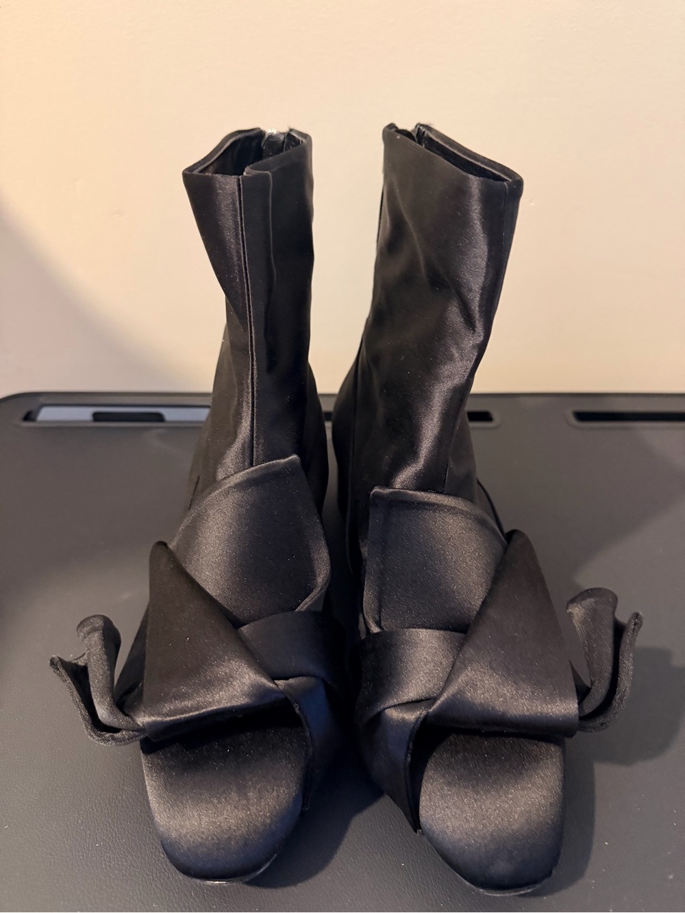 Black Satin Bow Ankle Booties - Women Authentic